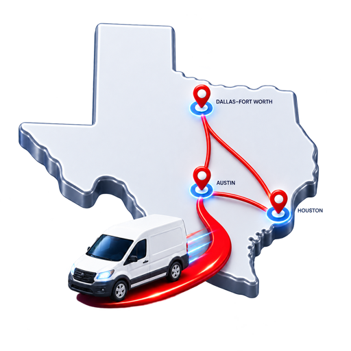 Texas service map showing routes between Dallas Fort Worth, Austin and Houston