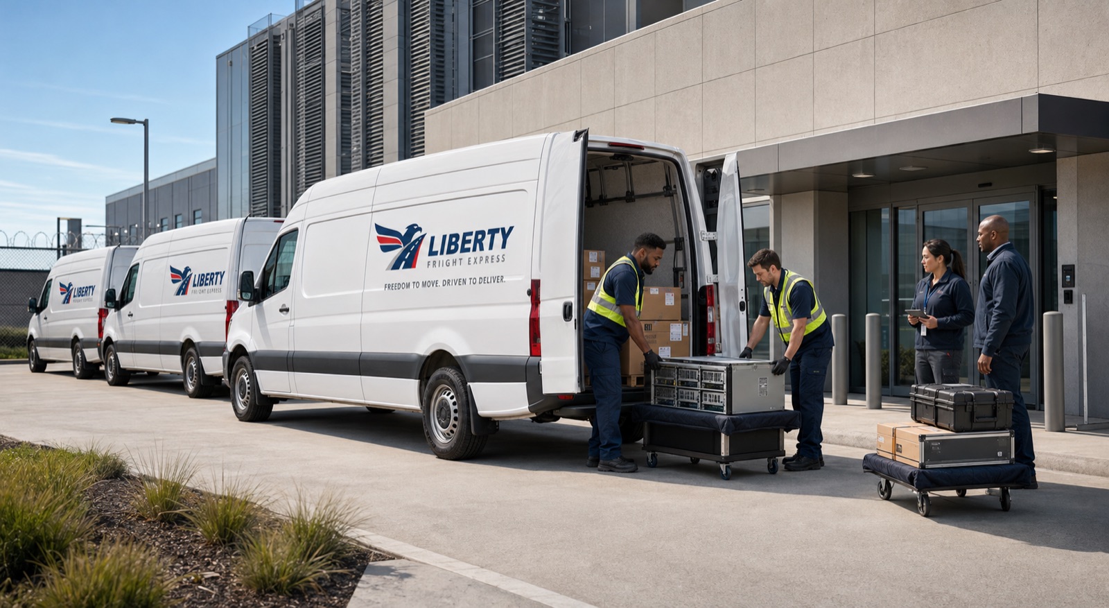 Liberty vans at a customer facility with the driver handing freight to the receiving team