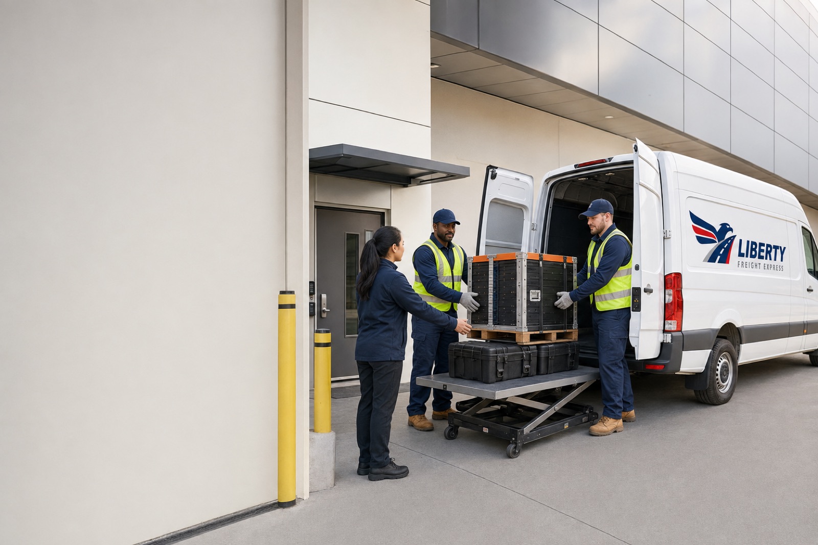 Liberty crew delivering crated equipment to an industrial building entrance