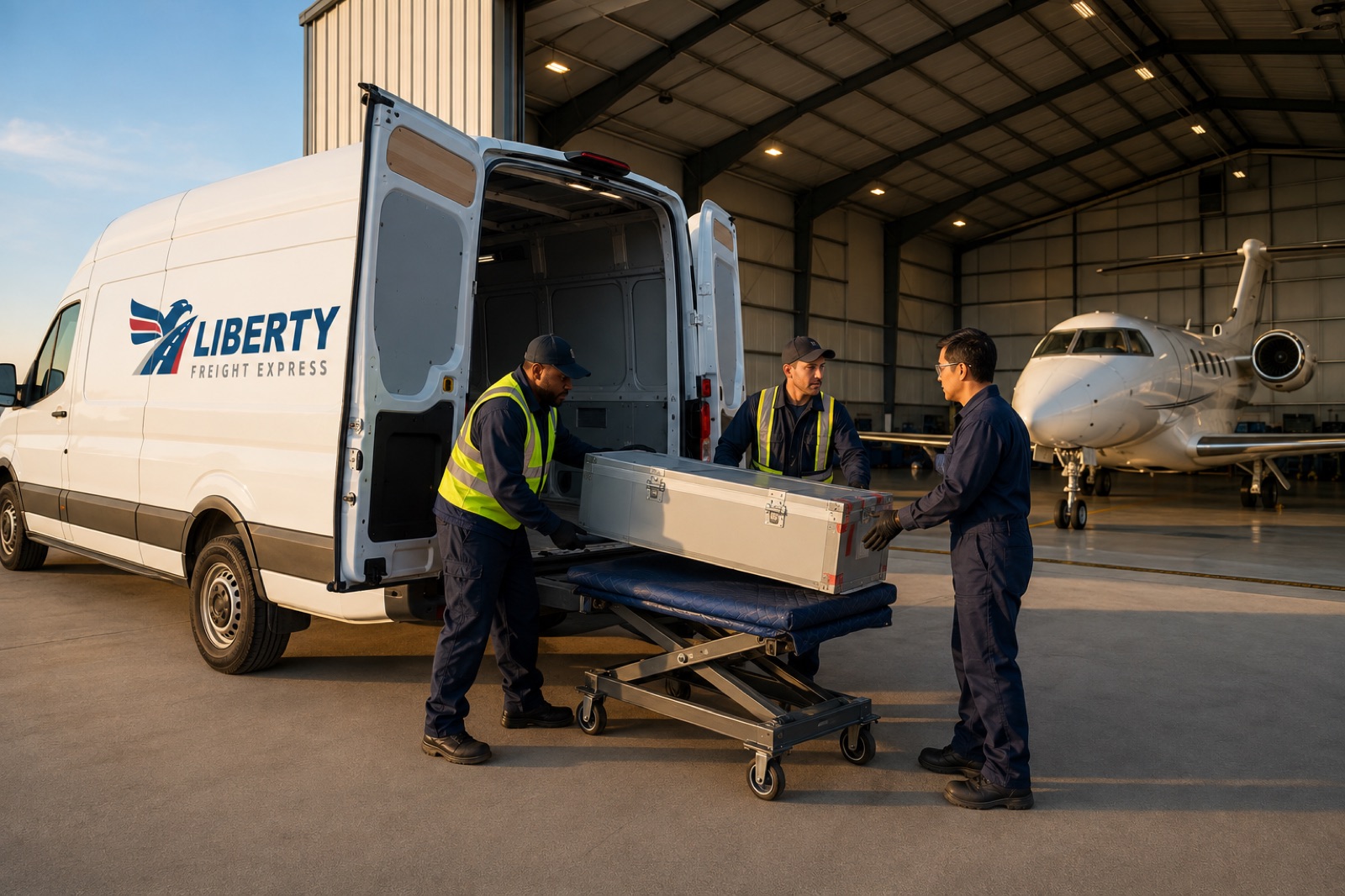 Liberty crew loading an aerospace shipment beside an aircraft in a hangar