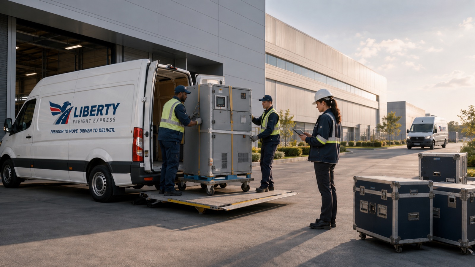 Liberty crew loading crated equipment into the van at a customer dock